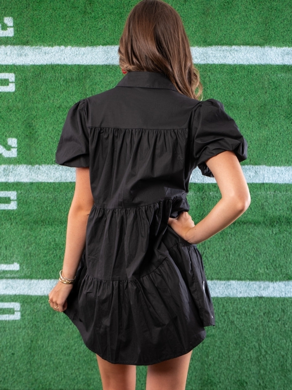 Lula the Label Black Sequin Football Shirt Dress Game Day Glam Puff Sleeve Mini - Picture 3 of 16